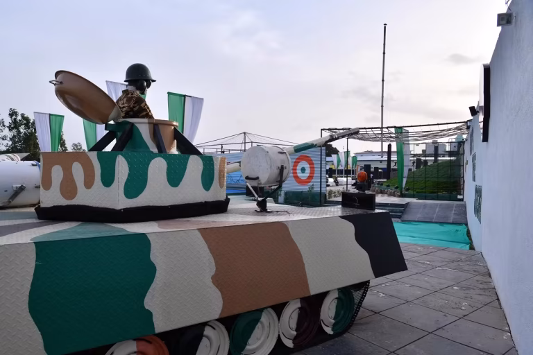 Iconic army tank installation at the entrance of Kargil Food Park Ahmedabad by Design Jadugar.