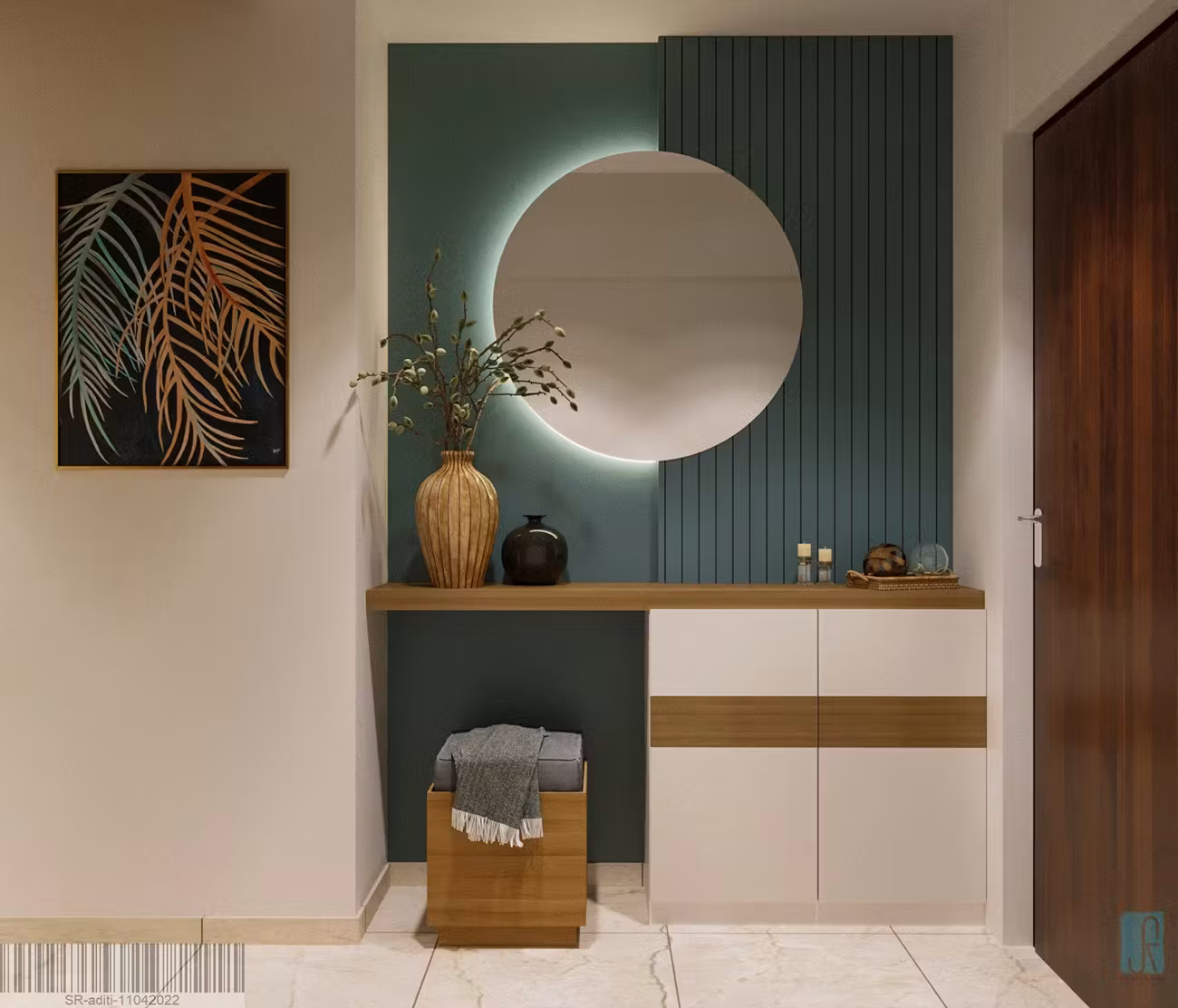 Modern entrance foyer with teal blue vertical louvered paneling, a backlit circular mirror, and custom console unit