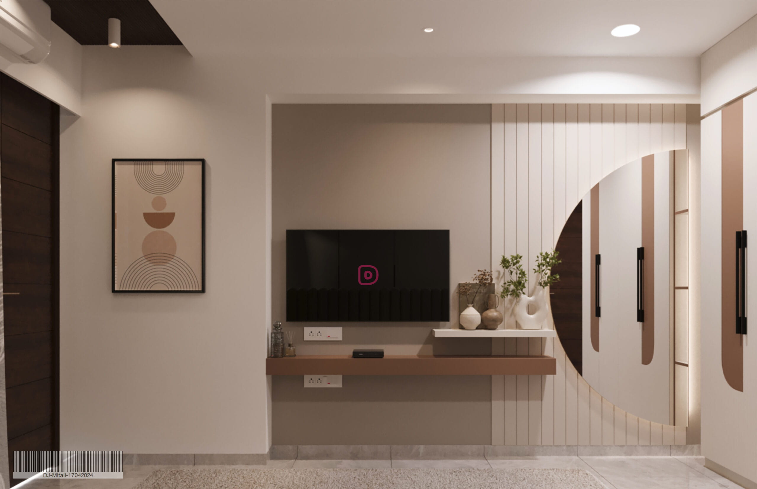 bedroom-tv-panel-with-circular-mirror.