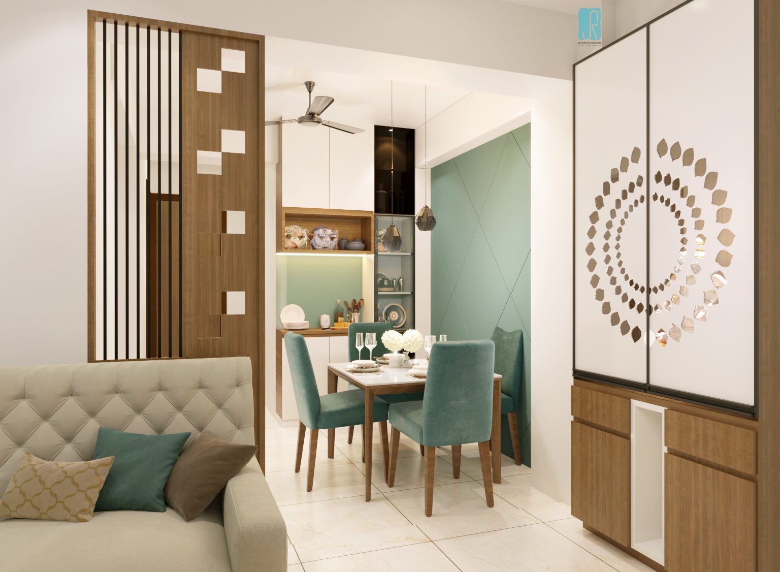 Space-saving integrated dressing table with long mirror and storage for 2BHK bedrooms.