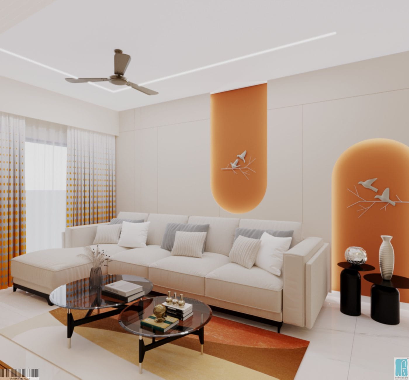 Spacious luxury villa living room with modern sofa set and designer wall niches at Cosmo Villa Ahmedabad.
