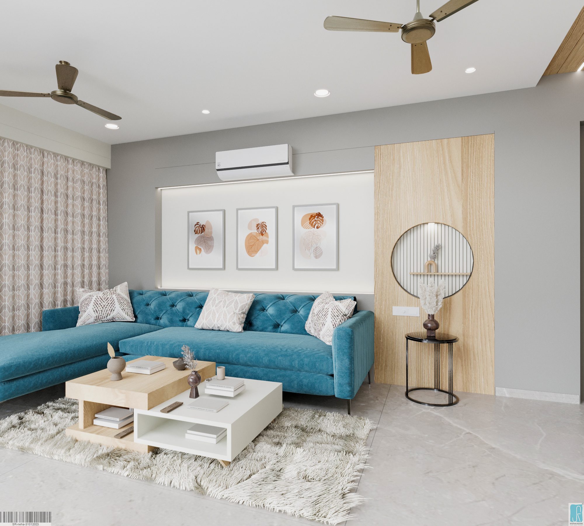 Modern villa living room with premium blue sofa and wooden wall paneling at Shyam Villa Ahmedabad.