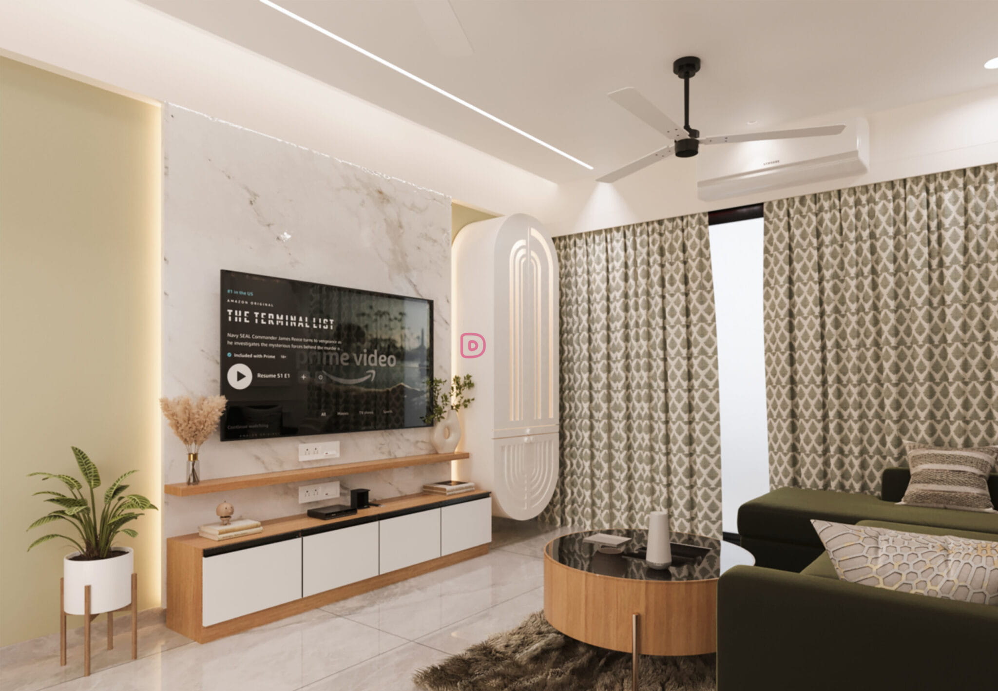 Modern TV unit design featuring white marble cladding and floating wooden console in Ahmedabad.