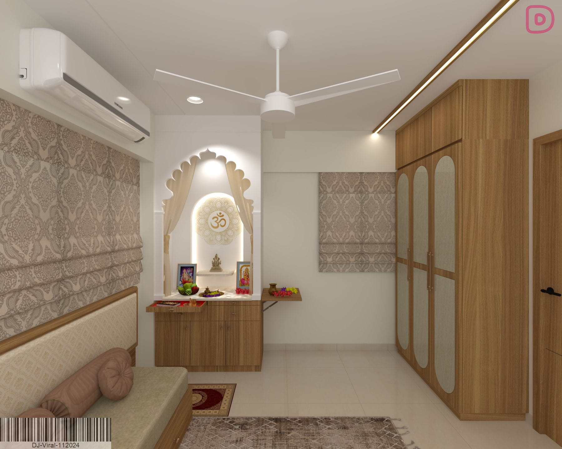 Beautiful wooden mandir design with intricate jaali work and warm lighting at Godrej Garden City.