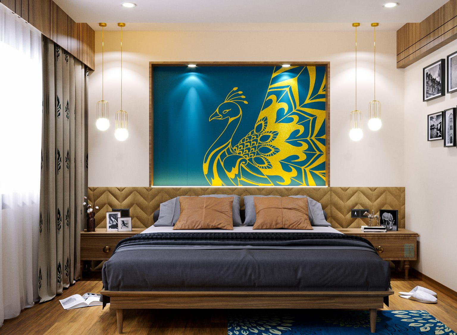 Luxury bedroom featuring traditional peacock wall art and designer headboard in Ahmedabad.