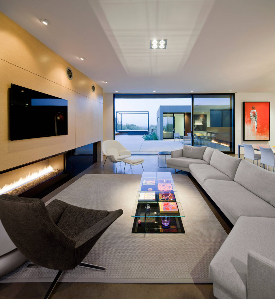 Modern interior design living room with elegant furniture and lighting