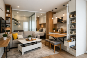 Space saving interior design ideas for small apartments with multifunctional furniture and smart storage