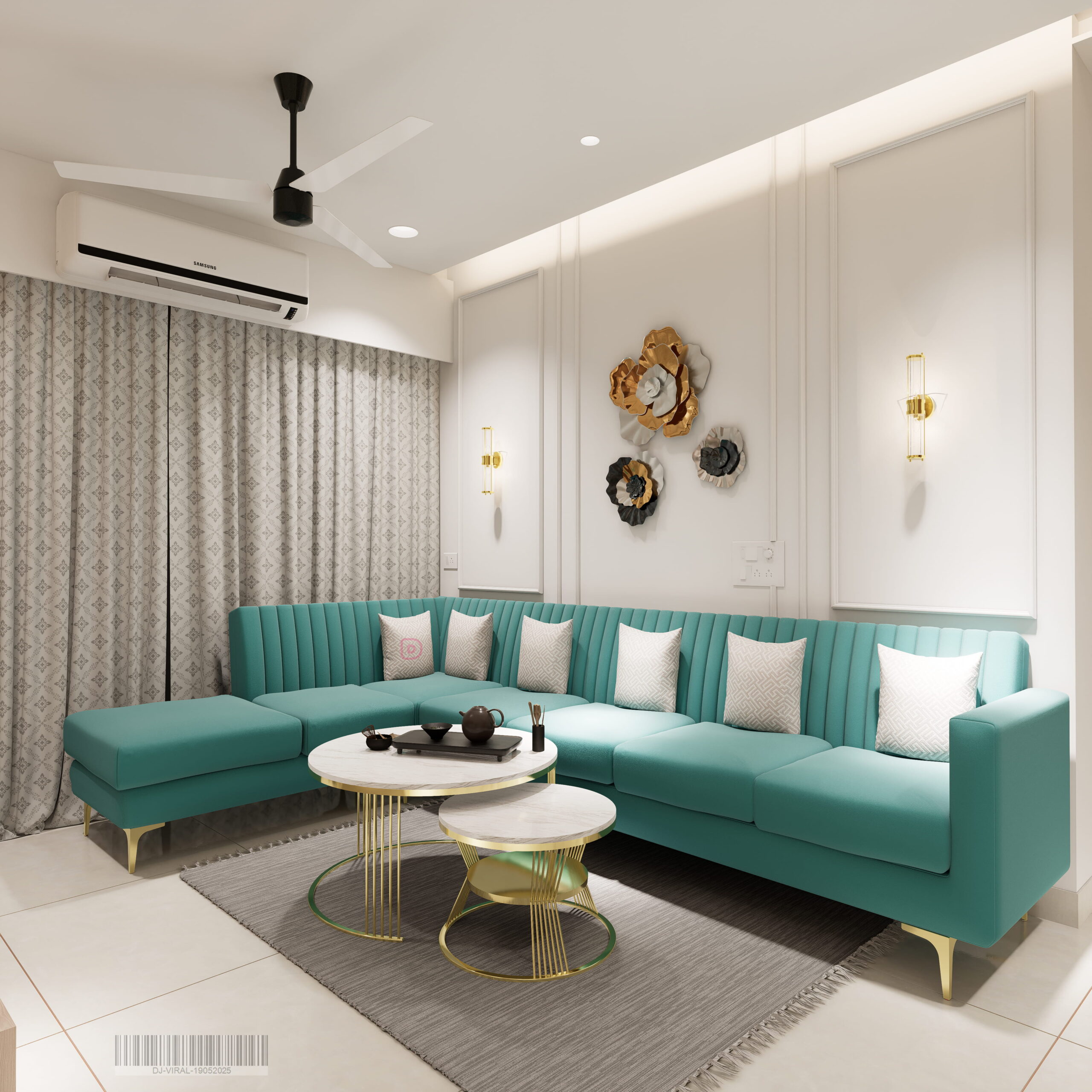 Luxury living room interior design at Sharanya Altura with modern sofa and designer wall paneling.